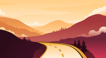 Evening mountain and highway landscape background
