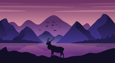 Natural landscape with lake, hill, mountain and deer, cartoon style illustration landscape