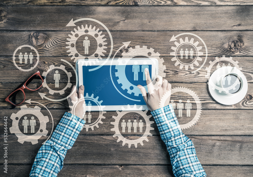 Poster concept of teamworking and connection with gears mechanism and tablet pc