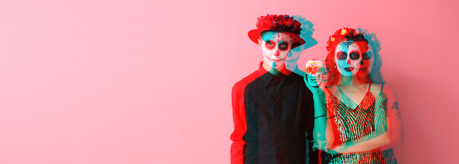 Young couple with painted skulls on faces for Mexico's Day of the Dead (El Dia de Muertos) against pink background with space for text
