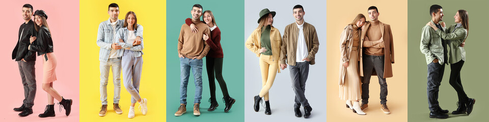 Set of fashionable young couple in autumn clothes on colorful background