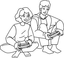 couple playing line pencil drawing vector. fun man, happy woman, young home, play game, lifestyle leisure, love boyfriend couple playing character. people Illustration