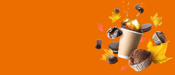 Cup of hot coffee, sweets and autumn leaves on orange background with space for text
