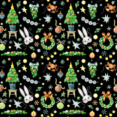 Watercolor Christmas pattern. Christmas tree, garlands, gifts, Christmas balls, animal mask, stars and lights seamless pattern, isolated on a black background.  - 532665210