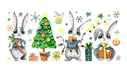 Watercolor Christmas illustration. Сute bunnies characters, Christmas tree, snowflakes, light garlands, gifts, Christmas balls and stars, isolated on a white background.
- 532665215
