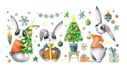 Watercolor Christmas illustration. Сute bunnies characters, Christmas tree, snowflakes, light garlands, gifts, Christmas balls and stars, isolated on a white background.
- 532665230