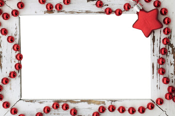White old wood frame with christmas star and pearls in red. Copy space in the center. Christmas...