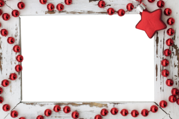 White old wood frame with christmas star and pearls in red. Copy space in the center. Christmas card with blank center  isolated on transparency photo png file 