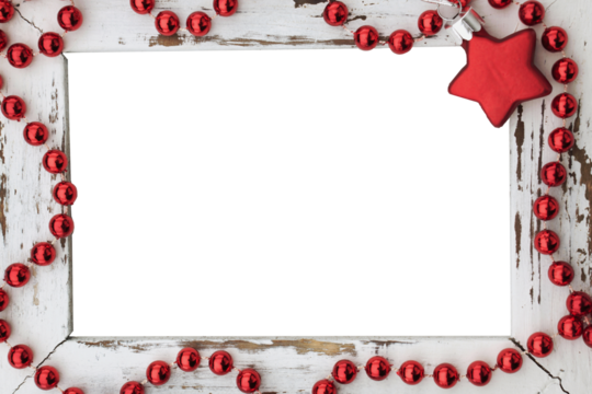 White old wood frame with christmas star and pearls in red. Copy space in the center. Christmas card with blank center  isolated on transparency photo png file 