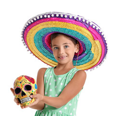 Cute little girl in sombrero hat with painted human skull on white background