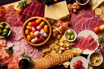 Food charcuterie board with meats and cheeses, food photography and illustration