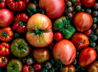 Multicolored tomatoes of different sizes and types, top view, horizontal composition.Fresh, raw and...