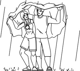 couple rain line pencil drawing vector. love woman, man romance, wet people, young romantic, adult relationship, happy girl couple rain character. Illustration