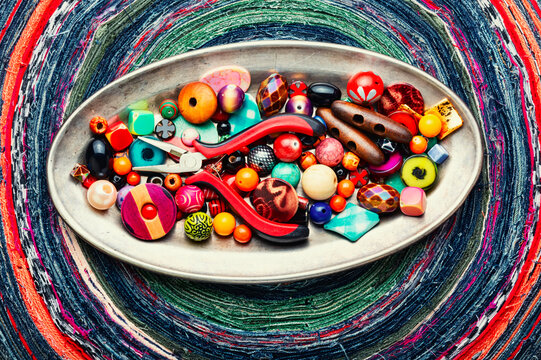 Various multicolored beads, handiwork