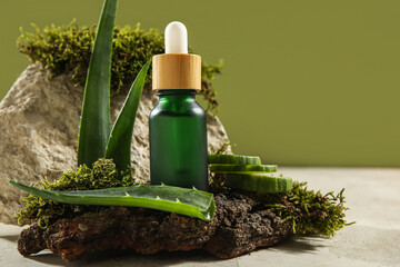 Composition with bottle of essential oil, aloe vera leaves and tree bark on table against green...