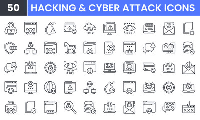 Hacking and Cyber Attack vector line icon set. Contains linear outline icons like Virus, Fraud, Malware Bug, Threat, Theft, Data Phishing, Hacker, Criminal, Thief. Editable use and stroke for web.