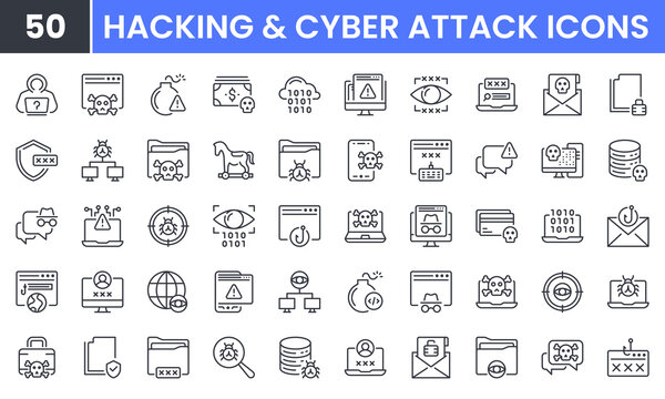 Hacking and Cyber Attack vector line icon set. Contains linear outline icons like Virus, Fraud, Malware Bug, Threat, Theft, Data Phishing, Hacker, Criminal, Thief. Editable use and stroke for web.