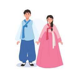 Traditional Korean clothing.Man and woman in traditional Korean costumes. Asia. Vector illustration.