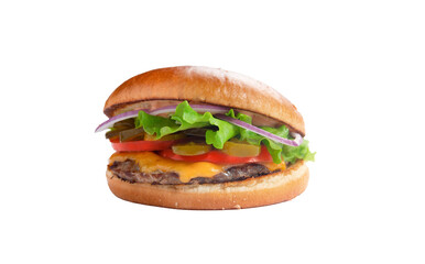Perfect hamburger classic burger american cheeseburger with cheese, bacon, tomato. Transparent.
