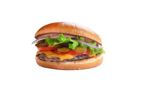 Perfect hamburger classic burger american cheeseburger with cheese, bacon, tomato. Transparent.