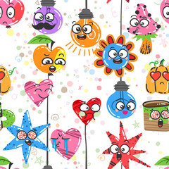 Seamless pattern of Various Cartoon Elements with Emoticons. Doodle faces, eyes and mouth. Caricature comic expressive emotions, smiling, crying and surprised character face expressions