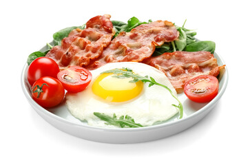 Plate with tasty fried egg, bacon, tomatoes and greens isolated on white background