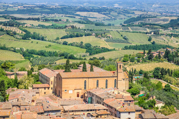 Fototapeta na wymiar Siena medieval ols town and countryside from above, Tuscany, Italy