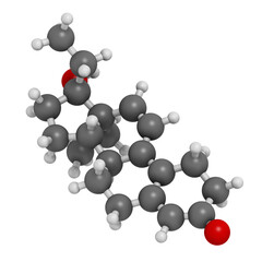 Tetrahydrogestrinone (THG) anabolic steroid molecule. 3D rendering. Atoms are represented as...