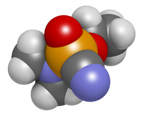Tabun nerve agent molecule (chemical weapon). 3D rendering. Atoms are represented as spheres with conventional color coding