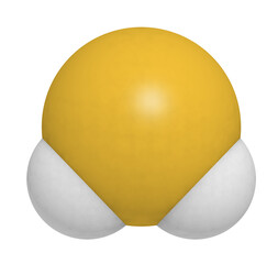 Hydrogen sulfide (H2S) molecule. Toxic gas with characteristic odor of rotten eggs. 3D rendering....