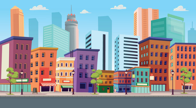 City building houses with shops, cafe, hotel, bank.Vector illustration in flat style. Background for games and mobile applications.