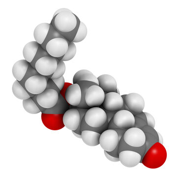 Nandrolone decanoate anabolic steroid drug molecule. Also used in sports doping. 3D rendering. Atoms are represented as spheres with conventional color coding