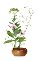Bowl with beautiful ikebana on white background