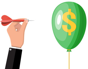 Hand throw dart in balloon with dollar sign.