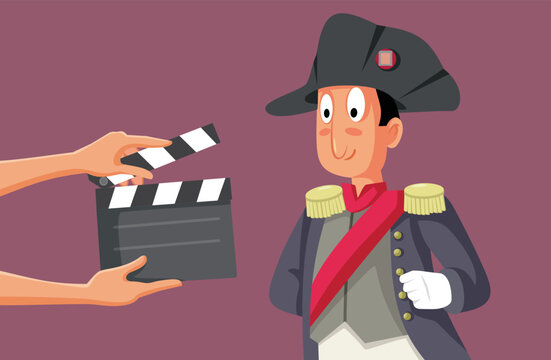 Crew Filming Historical Artistic Movie Vector Cartoon Illustration. Actor starring in a French revolution film rehearsing a scene in costume
