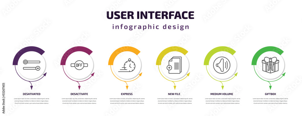Poster user interface infographic template with icons and 6 step or option. user interface icons such as de