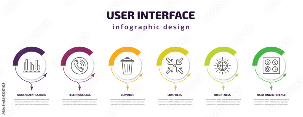 Poster user interface infographic template with icons and 6 step or option. user interface icons such as da