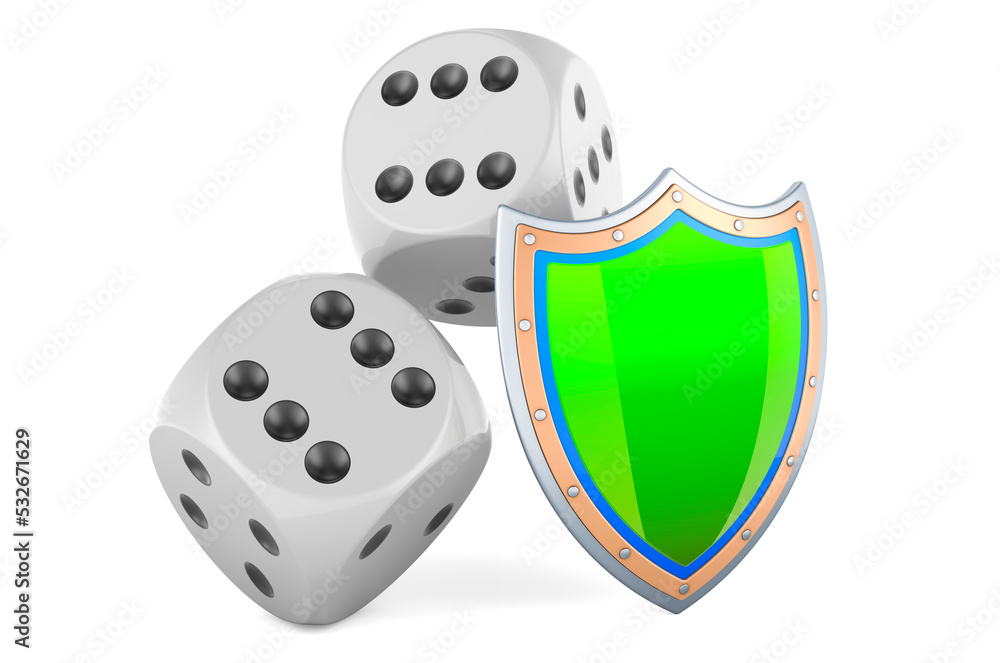 Poster dice with shield, 3d rendering