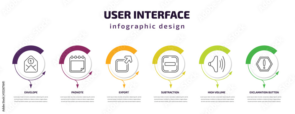 Poster user interface infographic template with icons and 6 step or option. user interface icons such as envelope, padnote, export, subtraction, high volume, exclamation button vector. can be used for