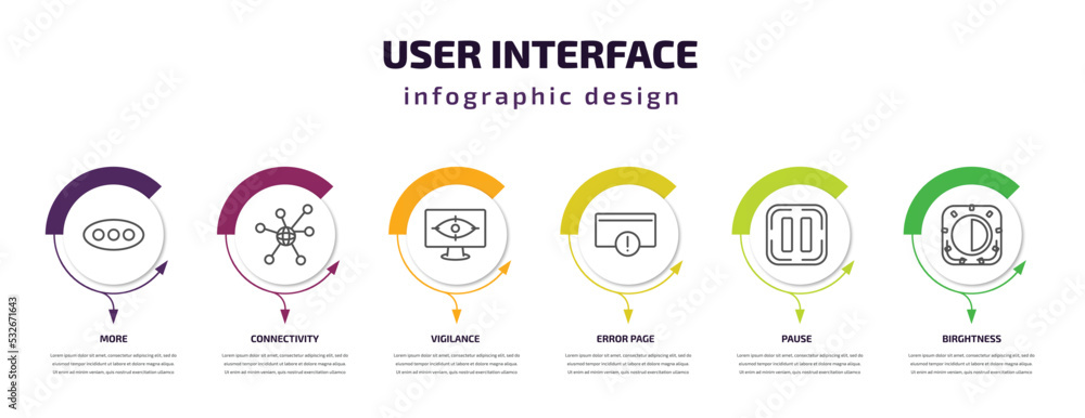 Poster user interface infographic template with icons and 6 step or option. user interface icons such as mo