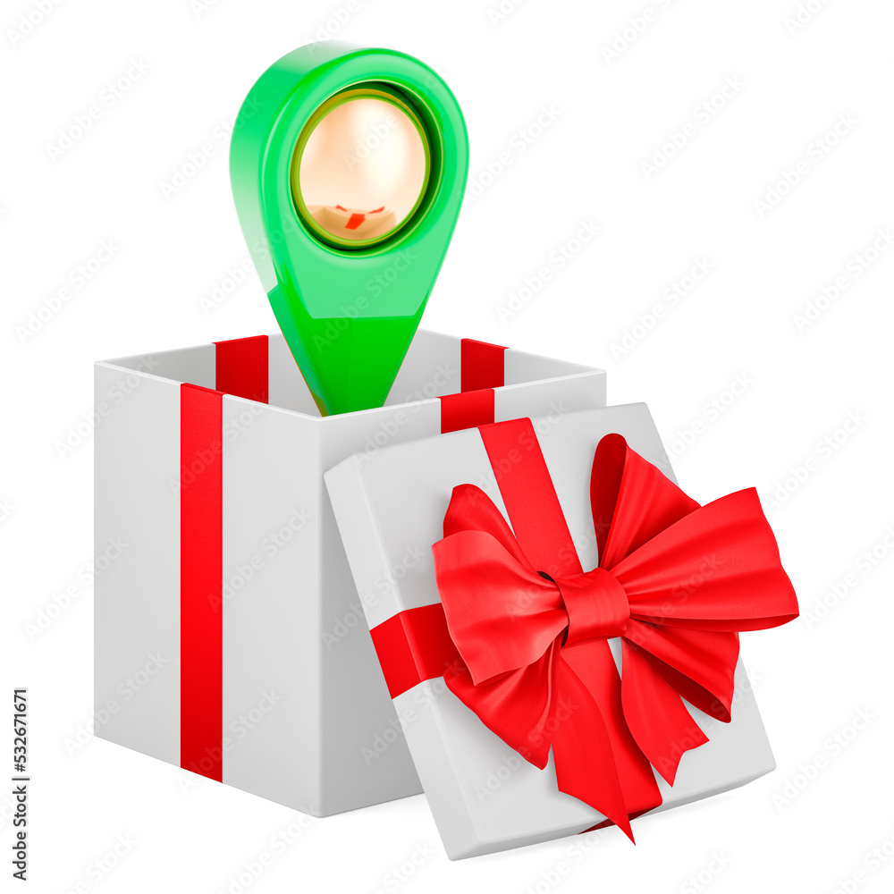 Poster gift box with map pointer. 3d rendering