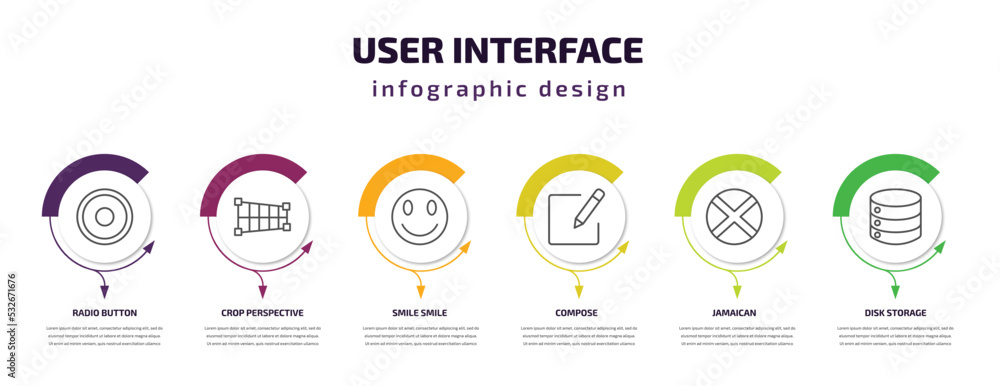 Poster user interface infographic template with icons and 6 step or option. user interface icons such as ra