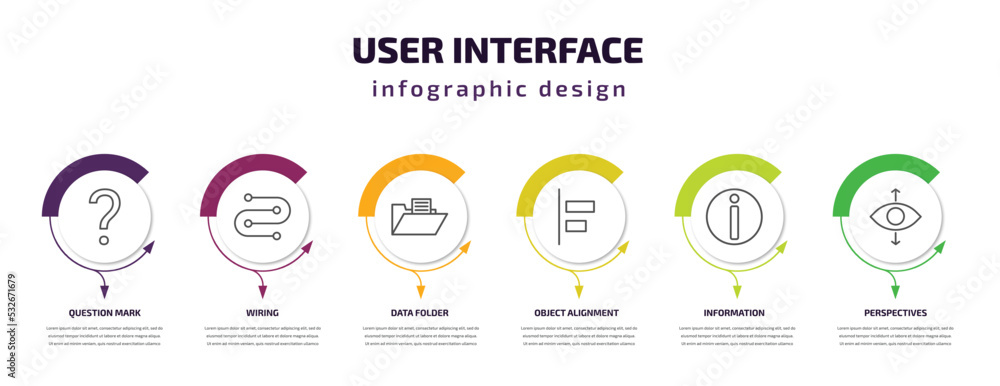Poster user interface infographic template with icons and 6 step or option. user interface icons such as qu