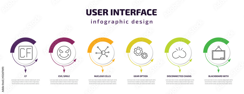 Poster user interface infographic template with icons and 6 step or option. user interface icons such as cf
