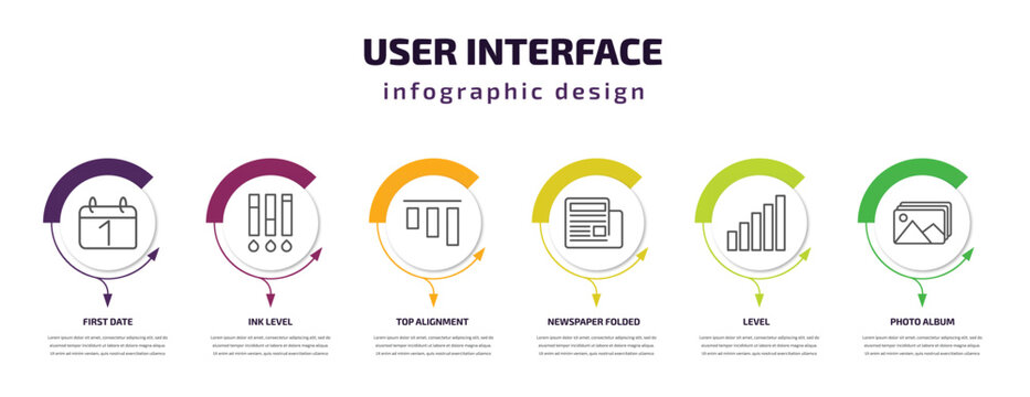 user interface infographic template with icons and 6 step or option. user interface icons such as first date, ink level, top alignment, newspaper folded, level, photo album vector. can be used for