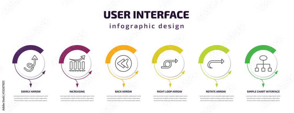 Poster user interface infographic template with icons and 6 step or option. user interface icons such as swirly arrow, increasing, back arrow, right loop arrow, rotate simple chart interface vector. can be