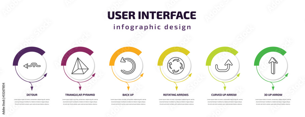 Poster user interface infographic template with icons and 6 step or option. user interface icons such as de