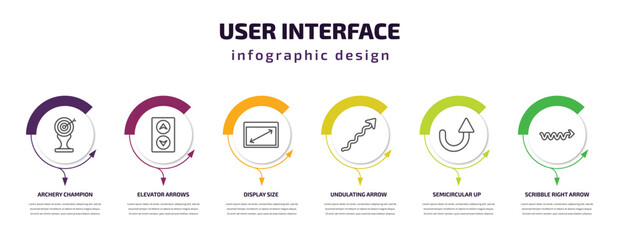 user interface infographic template with icons and 6 step or option. user interface icons such as archery champion, elevator arrows, display size, undulating arrow, semicircular up arrow, scribble