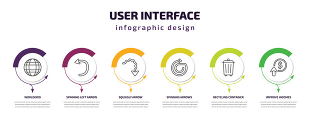 user interface infographic template with icons and 6 step or option. user interface icons such as worldgrid, spinning left arrow, squiggly arrow, spinning arrows, recycling container, improve