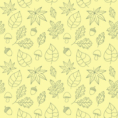 Green outline autumn leaves. Seamless pattern on pastel background. Botanical seamless background.